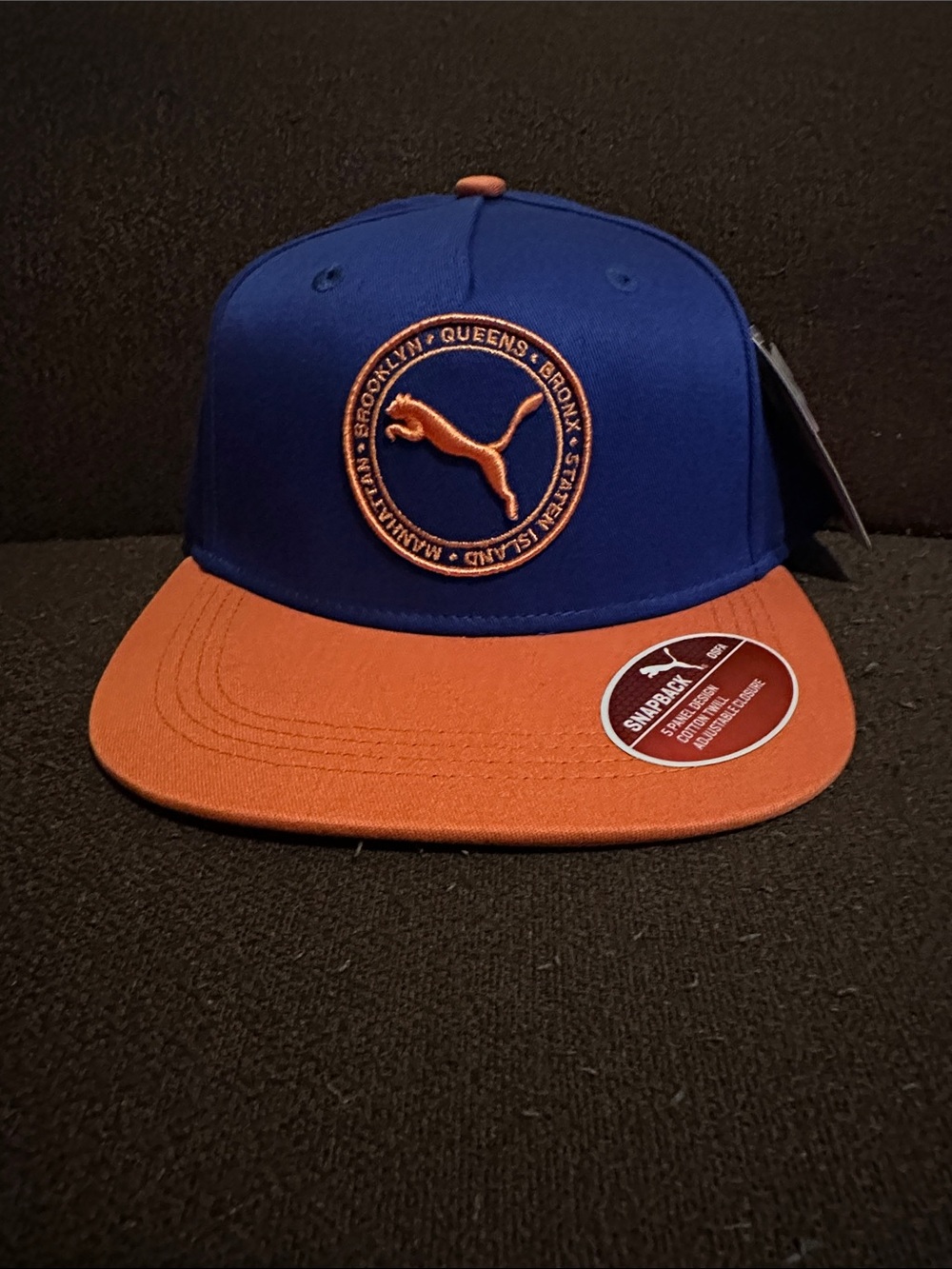 NWT Puma Two-Tone Snapback Hat — Blue w/ Orange Brim feat. the 5 NYC boroughs.